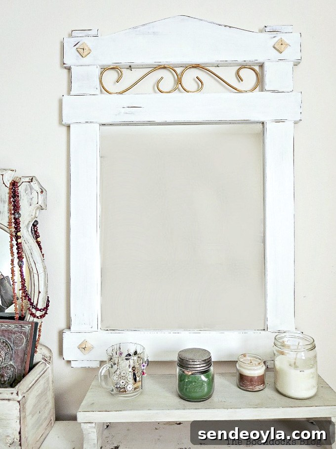Curbside Mirror Makeover: Revamp Thrifted Mirrors 8 Wood mirror painted with chalky finish paint and gold metallic paint, distressed and waxed for a vintage farmhouse look, #mirrormakeover #distressedlook #vintagelook #farmhousestyle #lazyDIY #curbsidefind #chalkyfinishpaint How to Makeover a Curbside Mirror the Lazy Way www.theboondocksblog.com