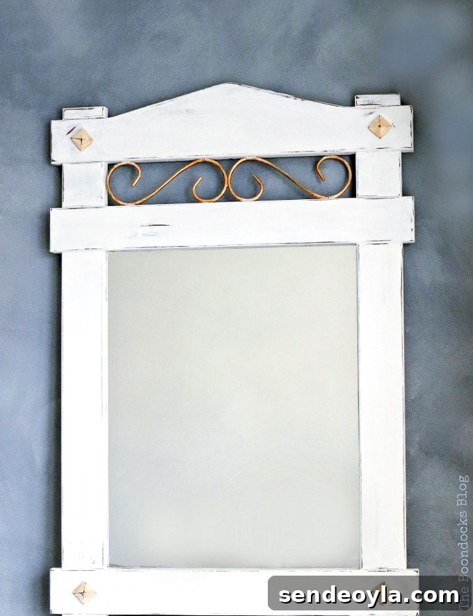 Curbside Mirror Makeover: Revamp Thrifted Mirrors 9 Wood mirror painted with chalky finish paint and gold metallic paint, distressed and waxed for a vintage farmhouse look, #mirrormakeover #distressedlook #vintagelook #farmhousestyle #lazyDIY #curbsidefind #chalkyfinishpaint How to Makeover a Curbside Mirror the Lazy Way www.theboondocksblog.com