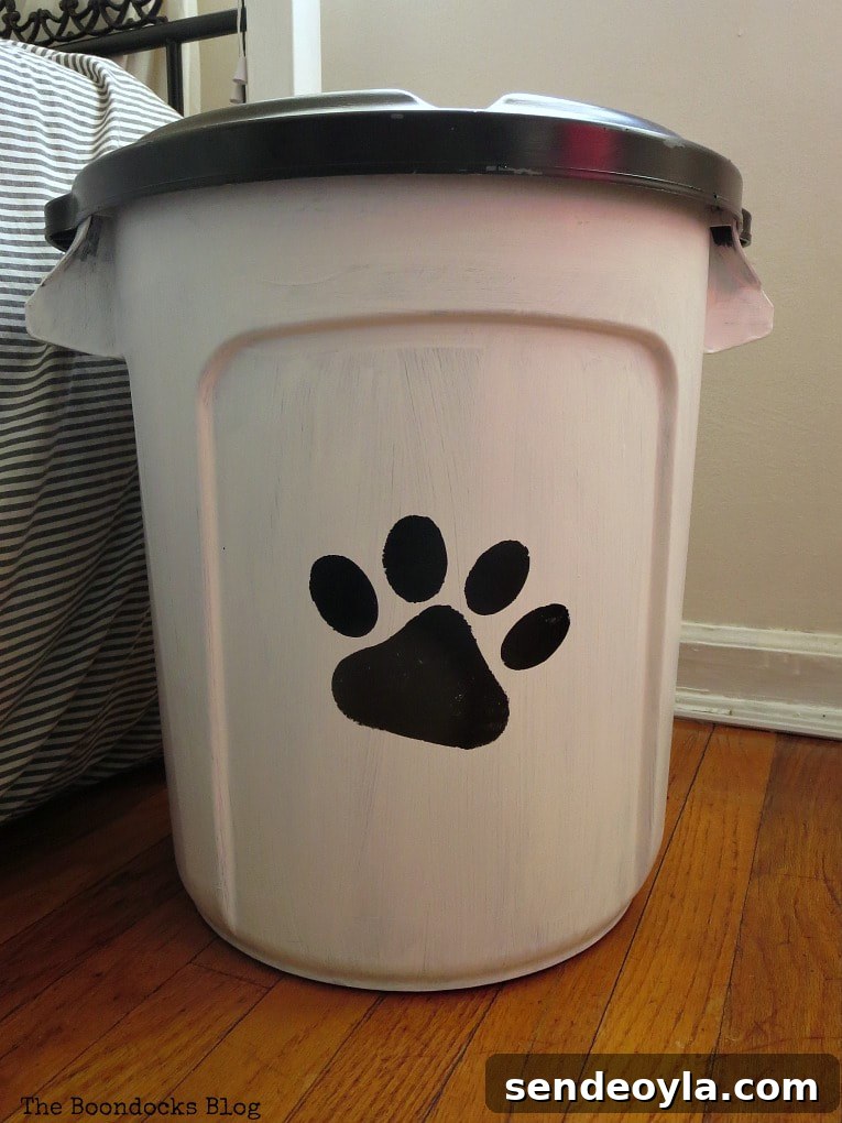 DIY Airtight Dog Food Storage Container 2 Painted plastic bucket made into a dog food storage container.