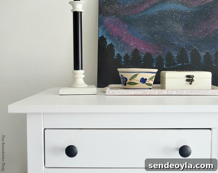 White dresser with lamp and artwork - Four Year Blog Anniversary and an Important Lesson Learned