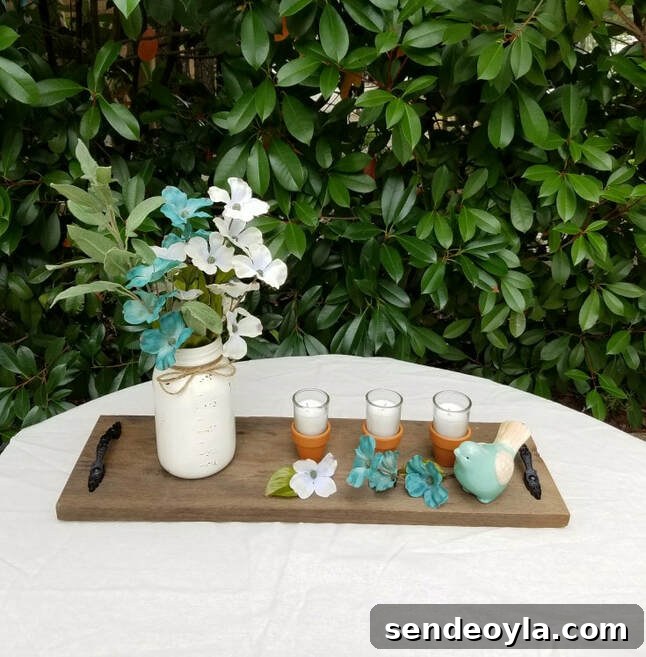 Spring centerpiece on wood tray