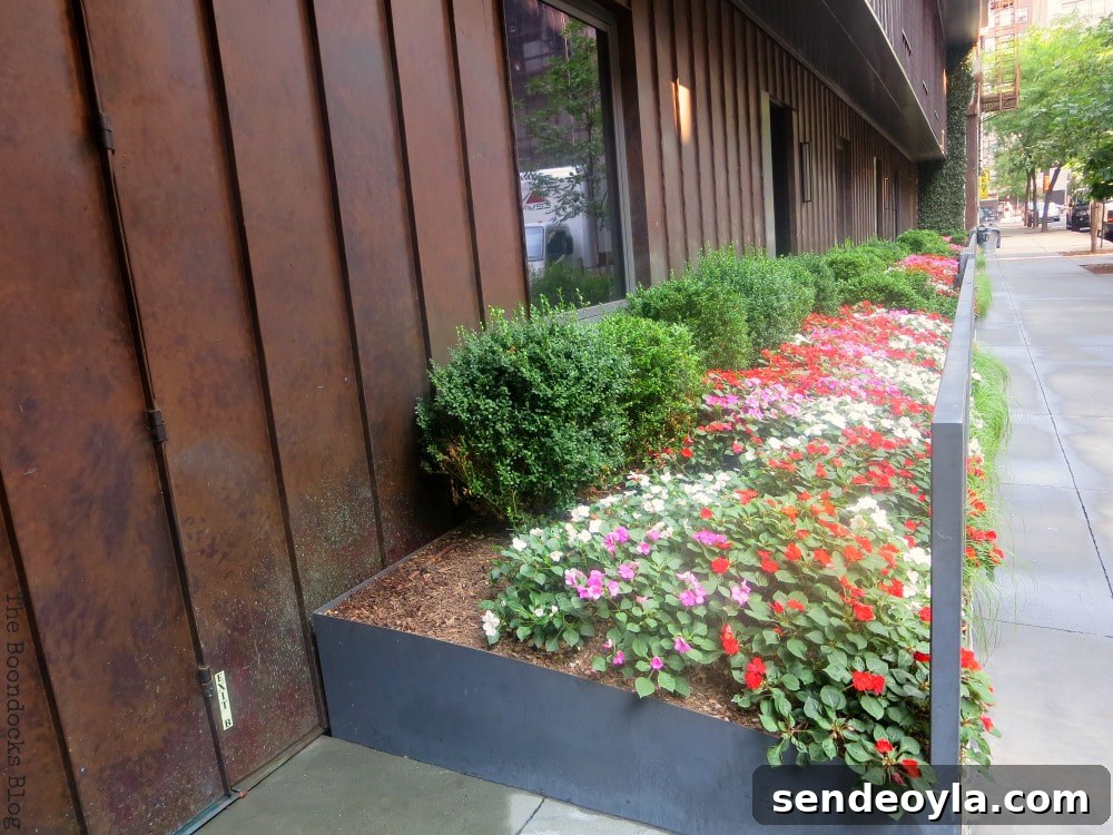 Flower bed in front of residential building, A monumental Surprise at Hudson Square in New York, www.theboondocksblog.com