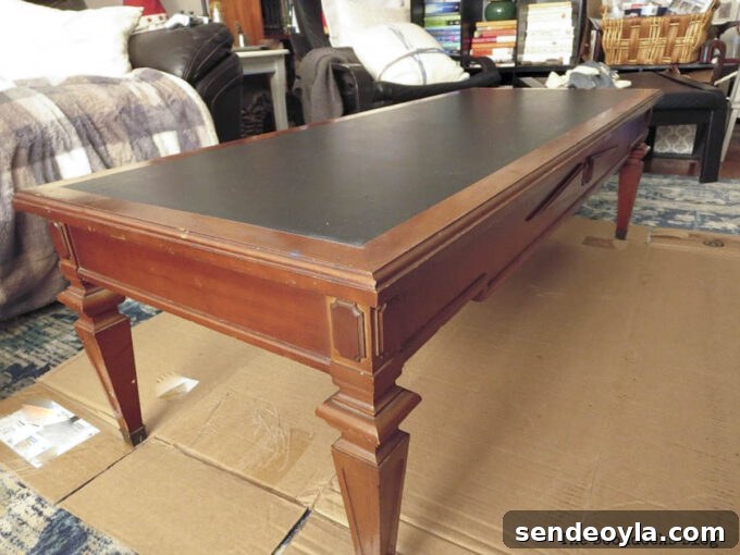 DIY Thrifted Coffee Table Makeover for a Modern Home 3 Vintage coffee table midway through makeover