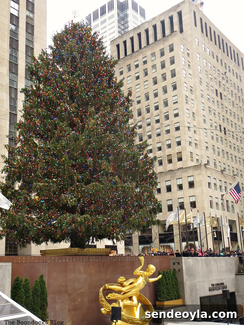 The Christmas tree towering over the Prometheus statue at Rockefeller center, #newyork #photoessay #photography #rockefellercenter #Christmastree #prometheusstatue #Christmasmood A Visit to the Spectacular Tree at Rockefeller Center www.theboondocksblog.com