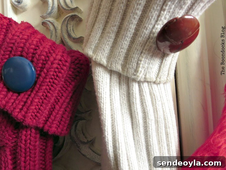 How to Make Christmas Stockings from Old Sweaters 11 buttons on stockings, How to Make Easy Christmas Stockings from Sweaters