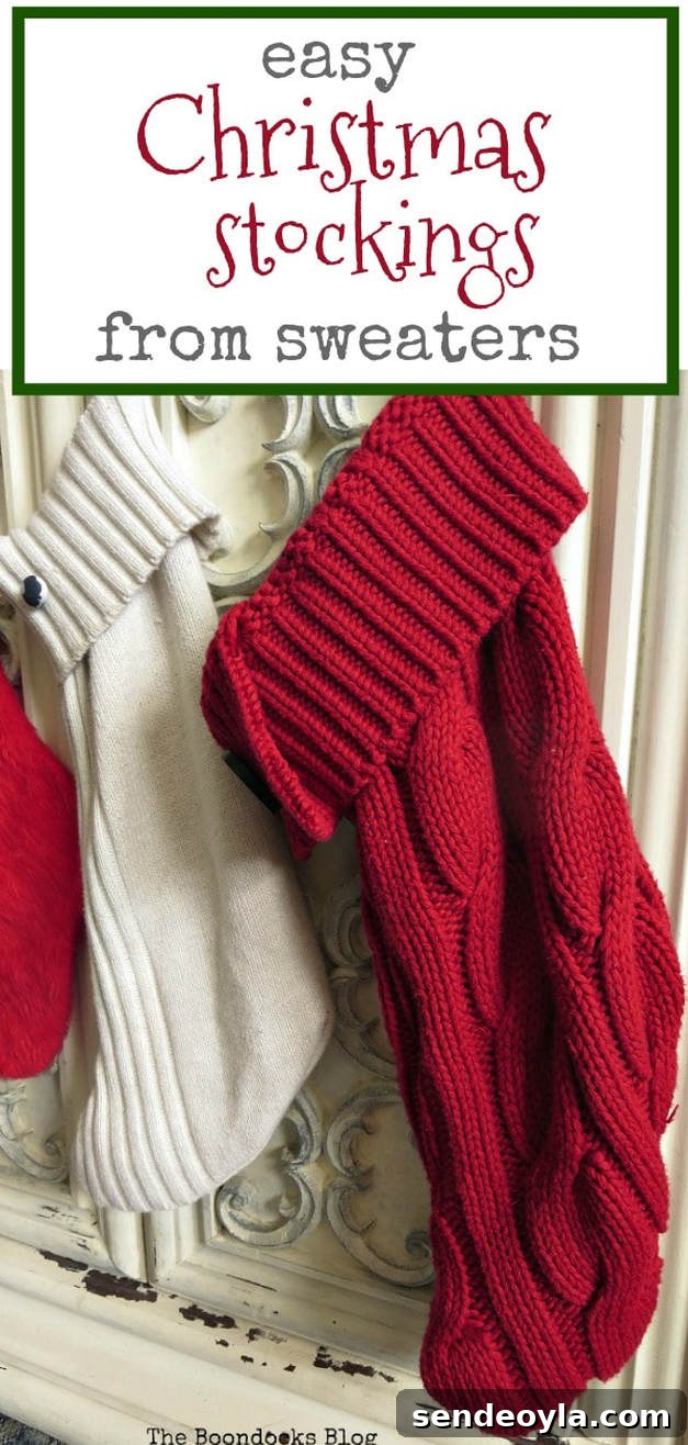 How to Make Christmas Stockings from Old Sweaters 14 A red sweater stockings hanging on a white cabinet.