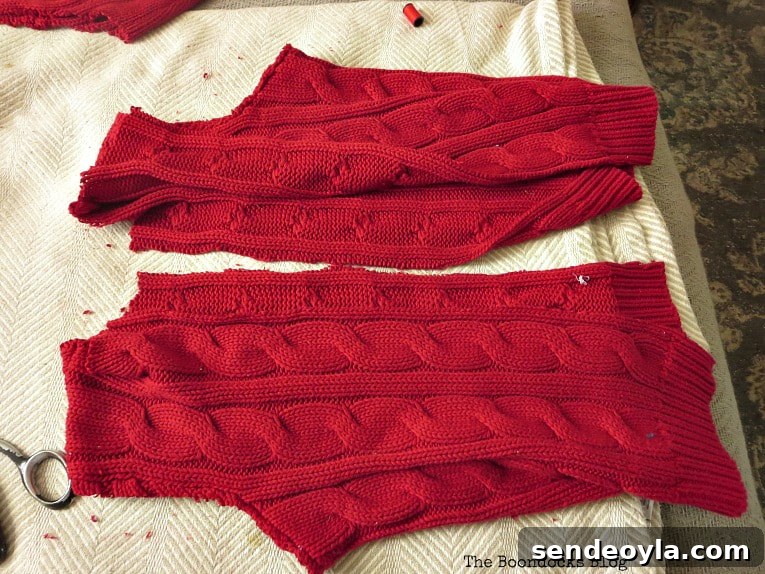 How to Make Christmas Stockings from Old Sweaters 5 after cutting of the turtle neck, How to Make Easy Christmas Stockings from Sweaters
