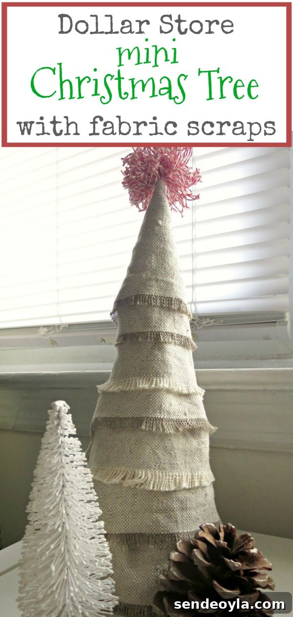 DIY Mini Christmas Tree from Dollar Store Fabric 16 A dollar store tinsel tree is transformed into a boho fabric scrap mini Christmas tree.