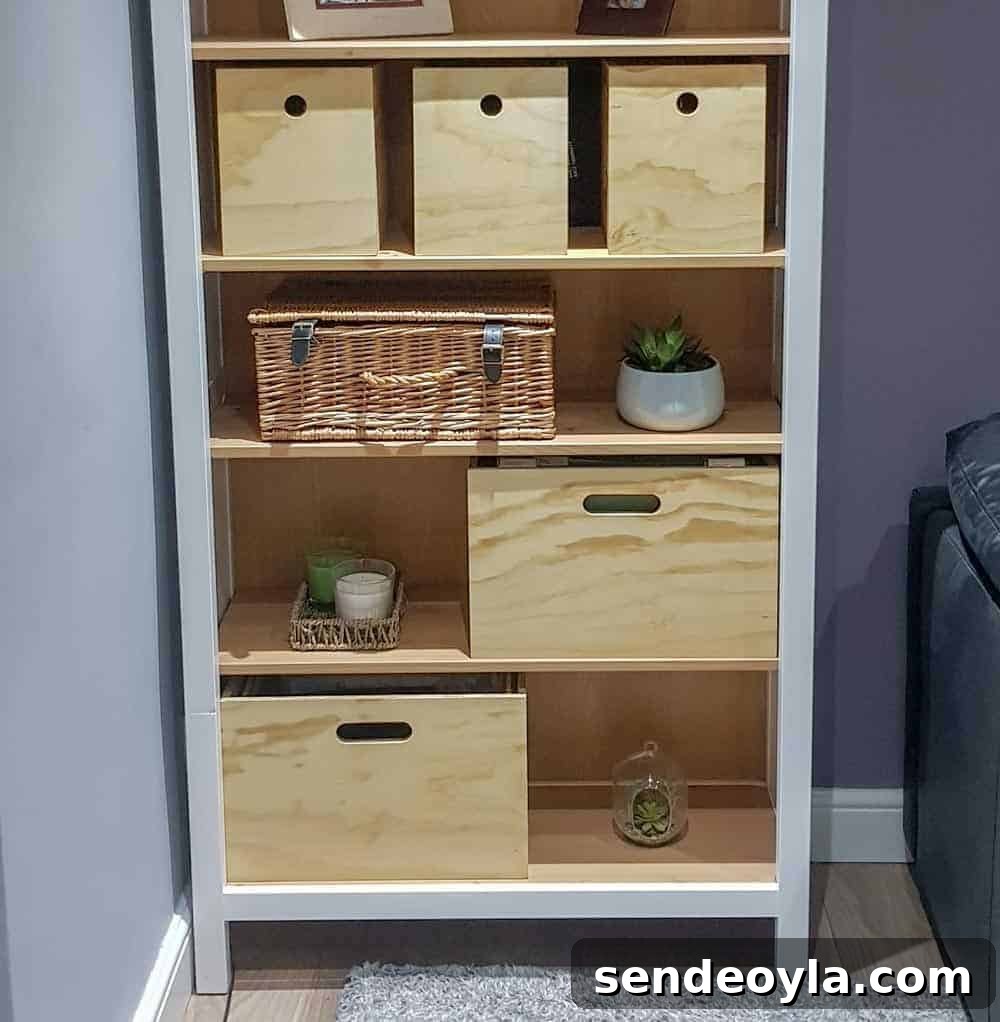 hygge style book case with plants, plywood storage boxes and foolscap suspension box files.
