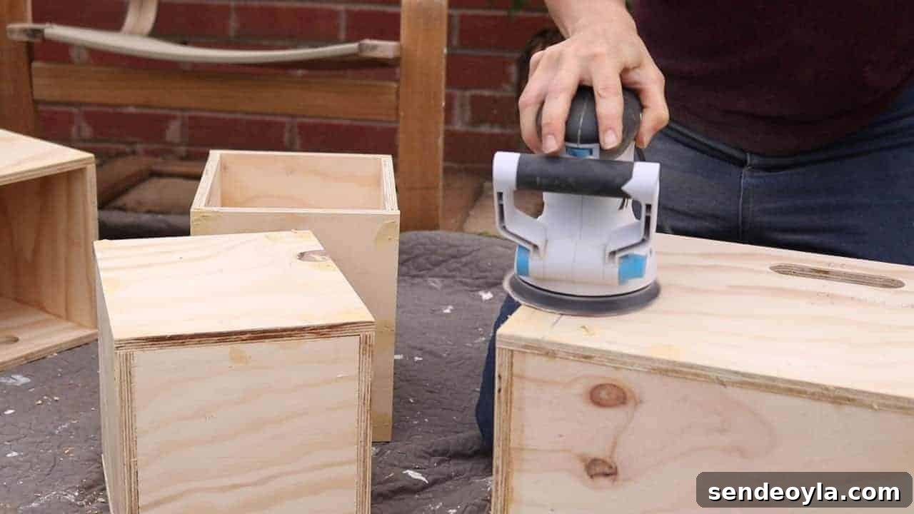 sanding plywood boxes with an orbit sander