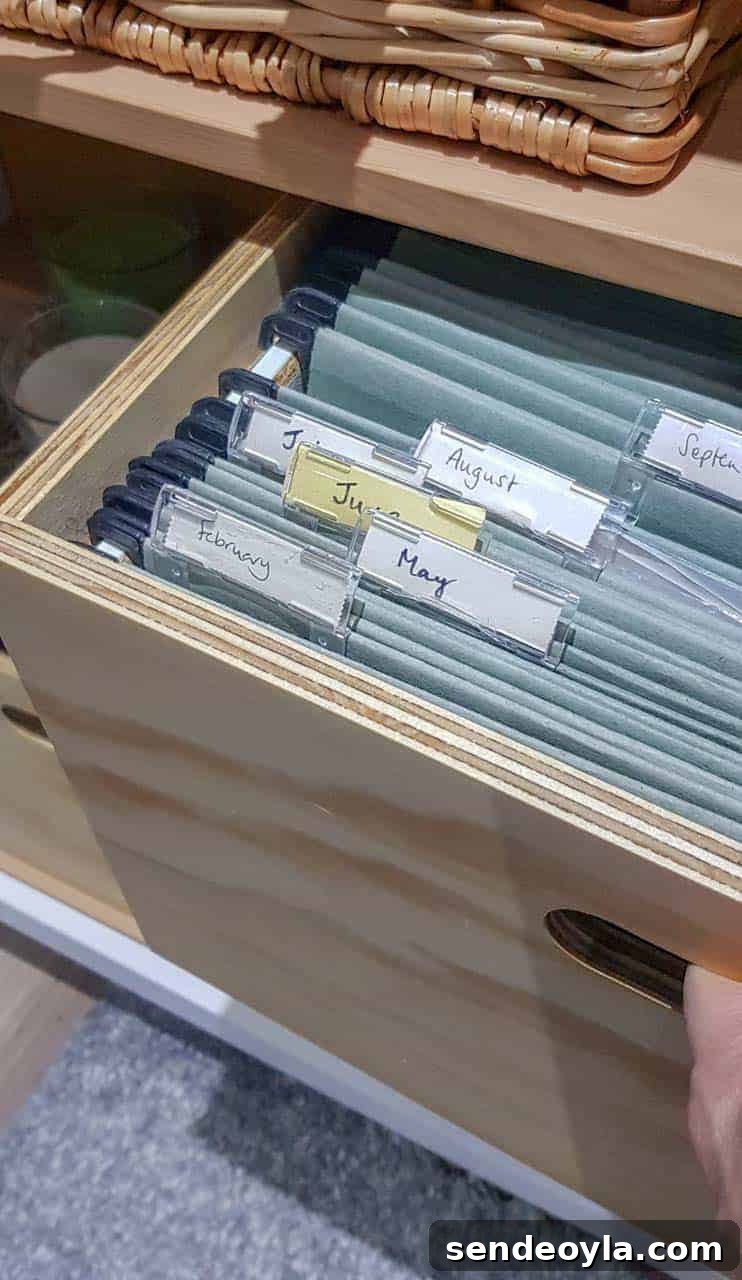 Files inside DIY wooden box file with suspension rail for foolscaps