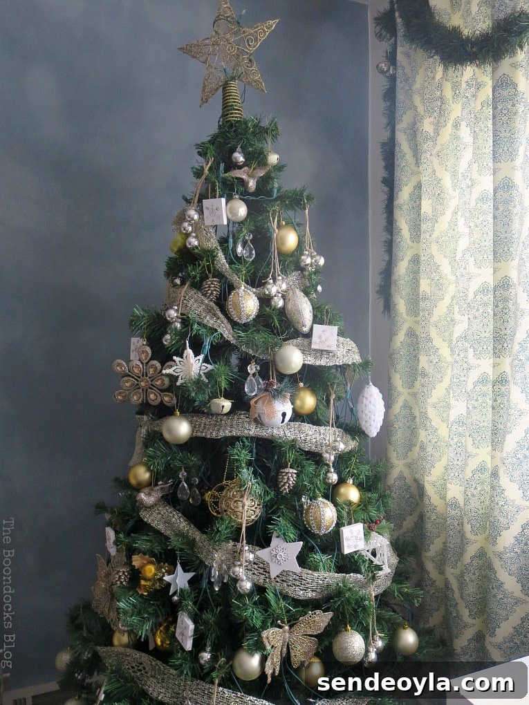 Christmas tree decorated with shiny, glittery ornaments that sparkle