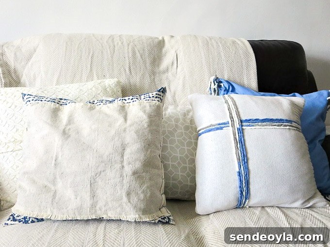 DIY Throw Pillows from Fabric Scraps: 5 Creative Ideas 19 5 pillows made with fabric remnants of old clothes and sheets, How to Make Easy Pillows out of Fabric Remnants 5 ways www.theboondocksblog.com
