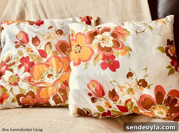DIY Throw Pillows from Fabric Scraps: 5 Creative Ideas 3 2 fall pillows in warm colors, How to Make Easy Pillows out of Fabric Remnants 5 ways www.theboondocksblog.com