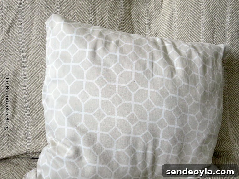 DIY Throw Pillows from Fabric Scraps: 5 Creative Ideas 4 pillow made out of sheet in geometric beige print, How to Make Easy Pillows out of Fabric Remnants 5 ways www.theboondocksblog.com