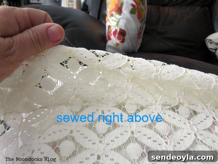 DIY Throw Pillows from Fabric Scraps: 5 Creative Ideas 6 Holding up the lace on the lace pillow cover, How to Make Easy Pillows out of Fabric Remnants 5 ways www.theboondocksblog.com