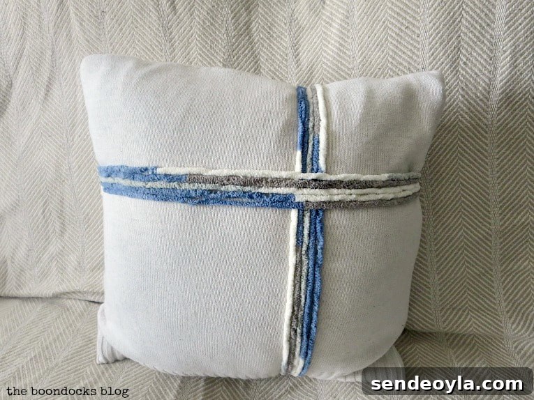 DIY Throw Pillows from Fabric Scraps: 5 Creative Ideas 10 ribbon on sweater pillow made out of yarn, How to Make Easy Pillows out of Fabric Remnants 5 ways www.theboondocksblog.com