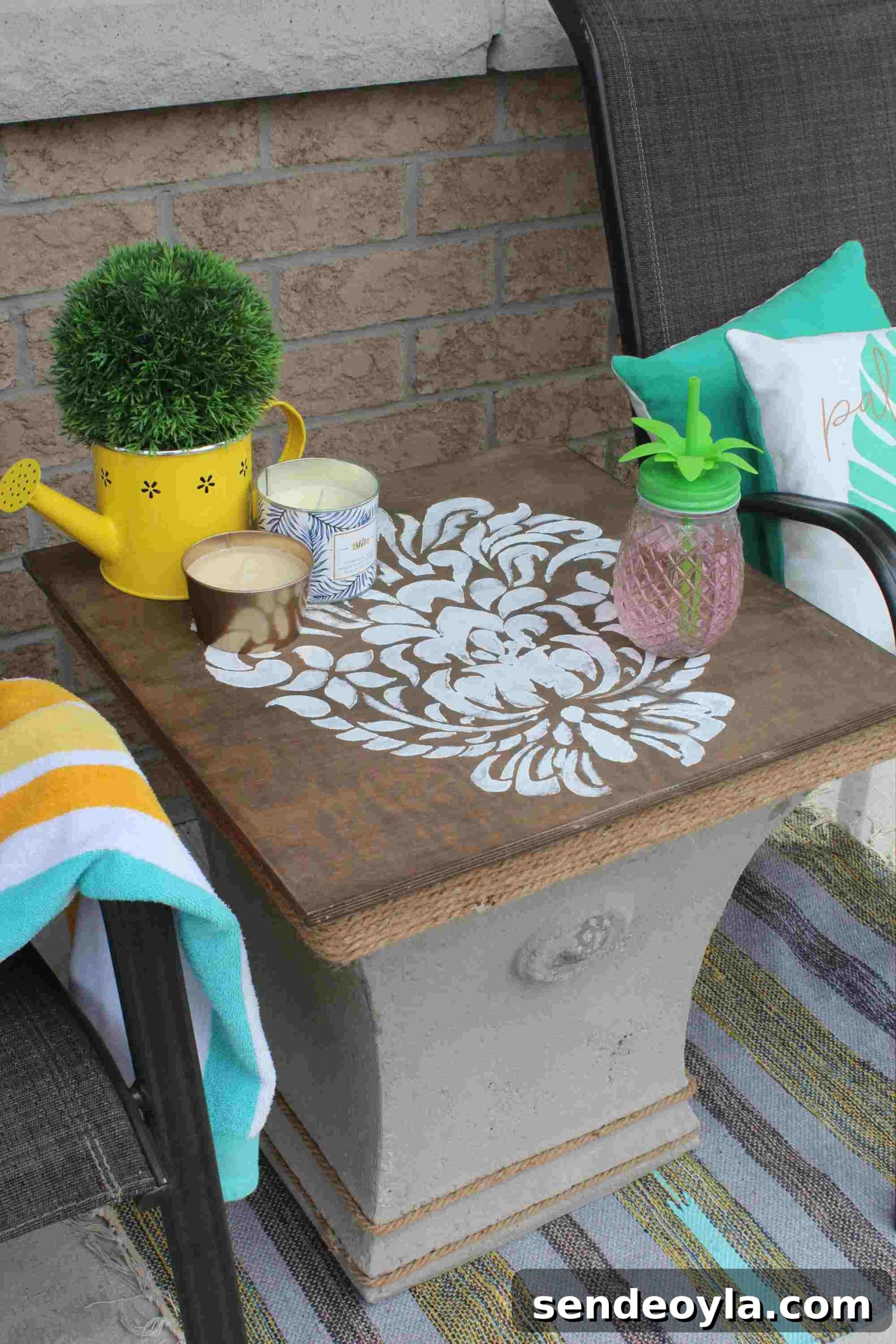 Adapted outdoor plant pot in to unusual side table with storage