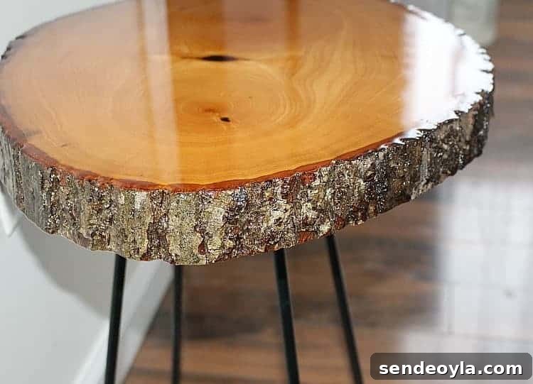 wood slice with resin and live edge side table