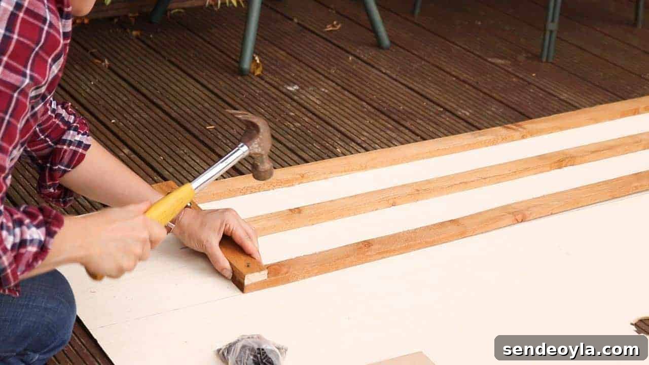 How to Build and Install a Wooden Trellis 14 hammering rectangular wooden trellis together