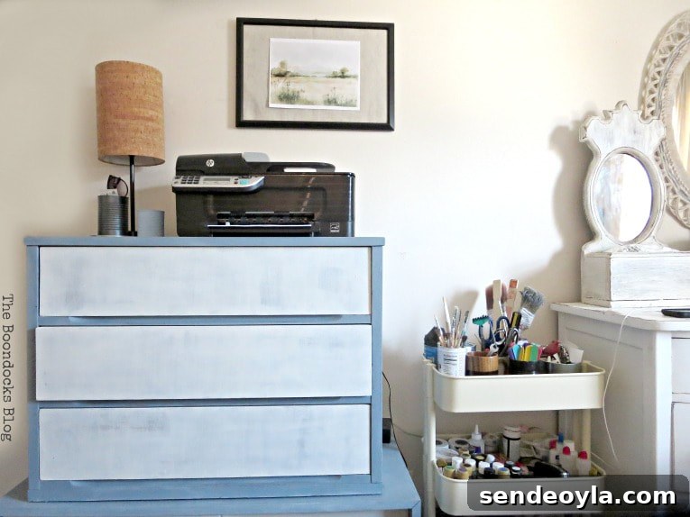 How to Create a Calm Bedroom: Serene Decor Ideas 8 two Mid century modern pieces one stacked on top of the other for paperwork and to hold the printer, and a utility cart with craft supplies, How to Create a Calm Look for a Bedroom www.theboondocksblog.com