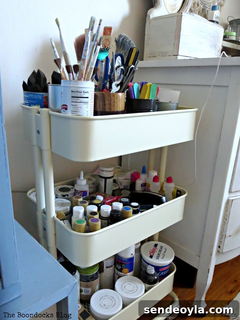 How to Create a Calm Bedroom: Serene Decor Ideas 9 The utility cart full of craft supplies, How to Create a Calm Look for a Bedroom www.theboondocksblog.com