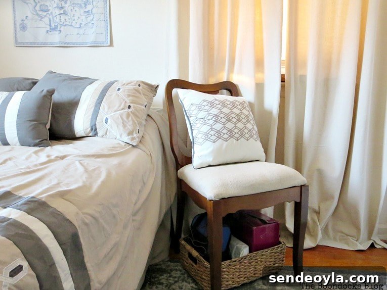 How to Create a Calm Bedroom: Serene Decor Ideas 5 Chair beside bed with basket underneath, How to Create a Calm Look for a Bedroom www.theboondocksblog.com