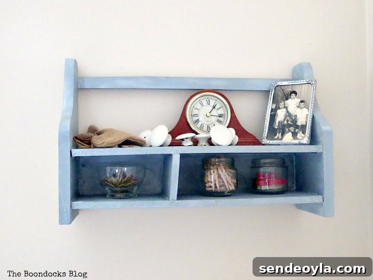 How to Add a Metallic Finish to a Painted Wood Shelf 13 Wall mounted wood cubby shelf, #decorativewax #shineandshimmer #paintedwood #shelfmakeover #OFMP #DecoArtMedia #upcycle A Super Easy Way to Add Shimmer to a Shelf, theboondocksblog