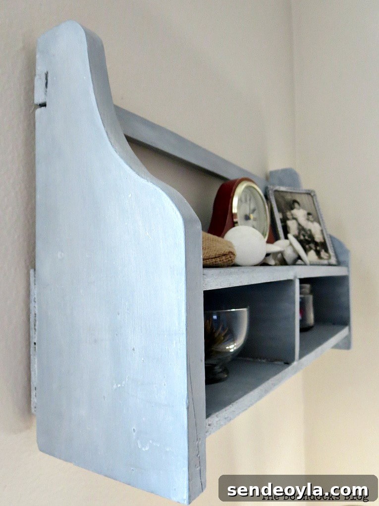 How to Add a Metallic Finish to a Painted Wood Shelf 14 Wall mounted wood cubby shelf, #decorativewax #shineandshimmer #paintedwood #shelfmakeover #OFMP #DecoArtMedia #upcycle A Super Easy Way to Add Shimmer to a Shelf, theboondocksblog