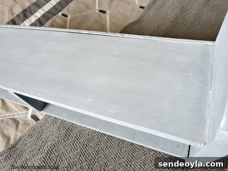 How to Add a Metallic Finish to a Painted Wood Shelf 9 Top view of shelf, A Super Easy Way to Add Shimmer to a Shelf, theboondocksblog