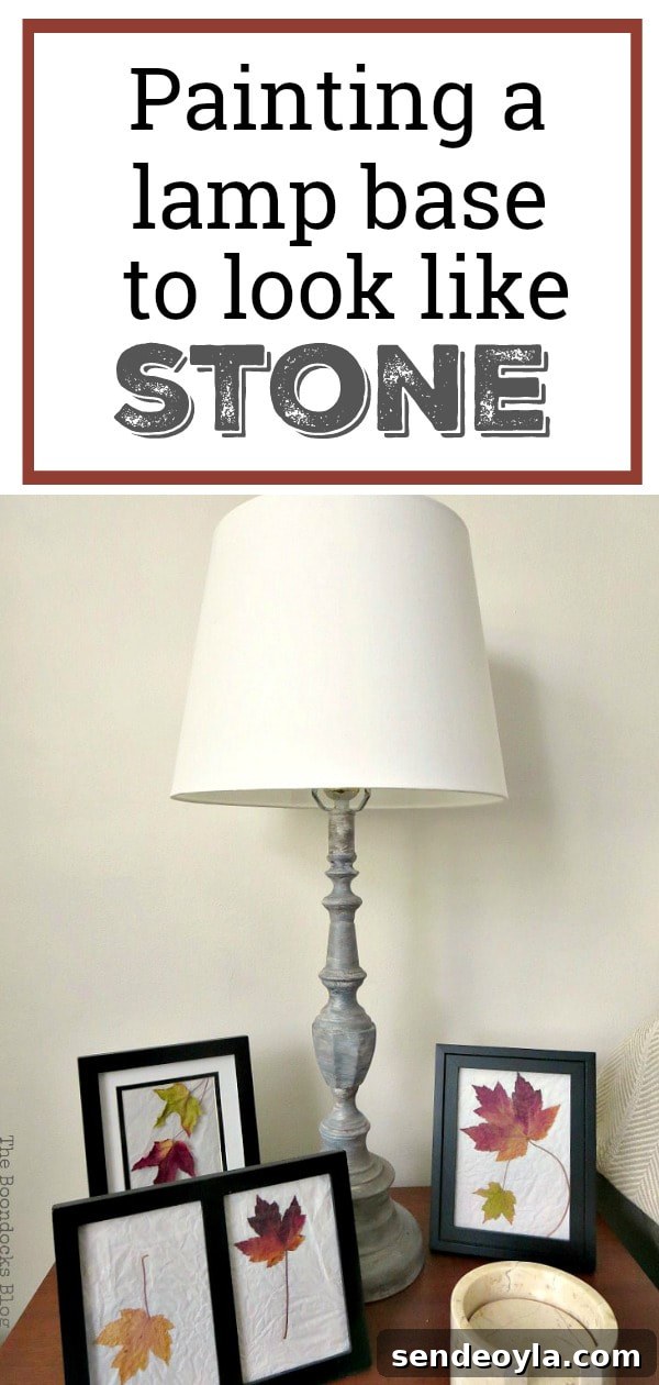 Turn a Lamp Base Into Faux Stone with Paint 17 Painted metal lamp base to look like stone with "Painting a lamp base to look like stone" overlay.