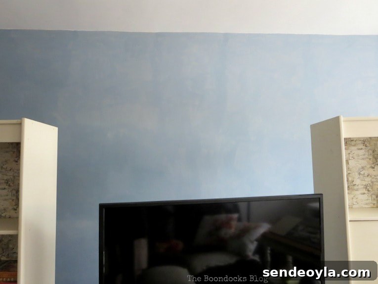 How to Paint a Cloud Accent Wall: DIY Step-by-Step Guide 4 First coat of Old Fashioned Milk Paint Slate color on the wall.