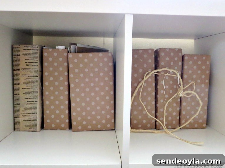 DIY Cardboard Paper Organizer for Your Desk 8 Various magazine files covered in gift wrap paper.