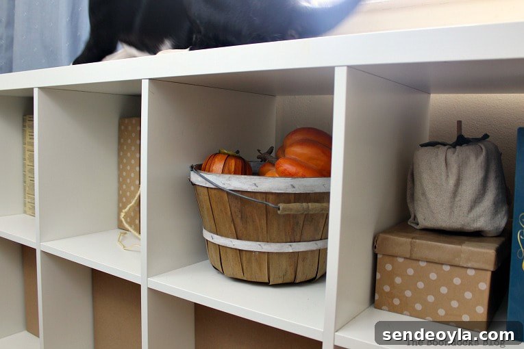 DIY Cardboard Paper Organizer for Your Desk 10 Kallax storage bin holding basket and boxes.