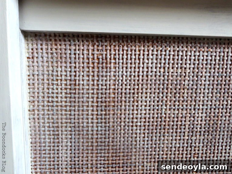 How to Pair Mid-Century Modern Furniture for a Cohesive Look 7 close up of MCM sideboard rattan doors painted white, How to Pair MCM Furniture to Get One Unified Look www.theboondocksblog.com
