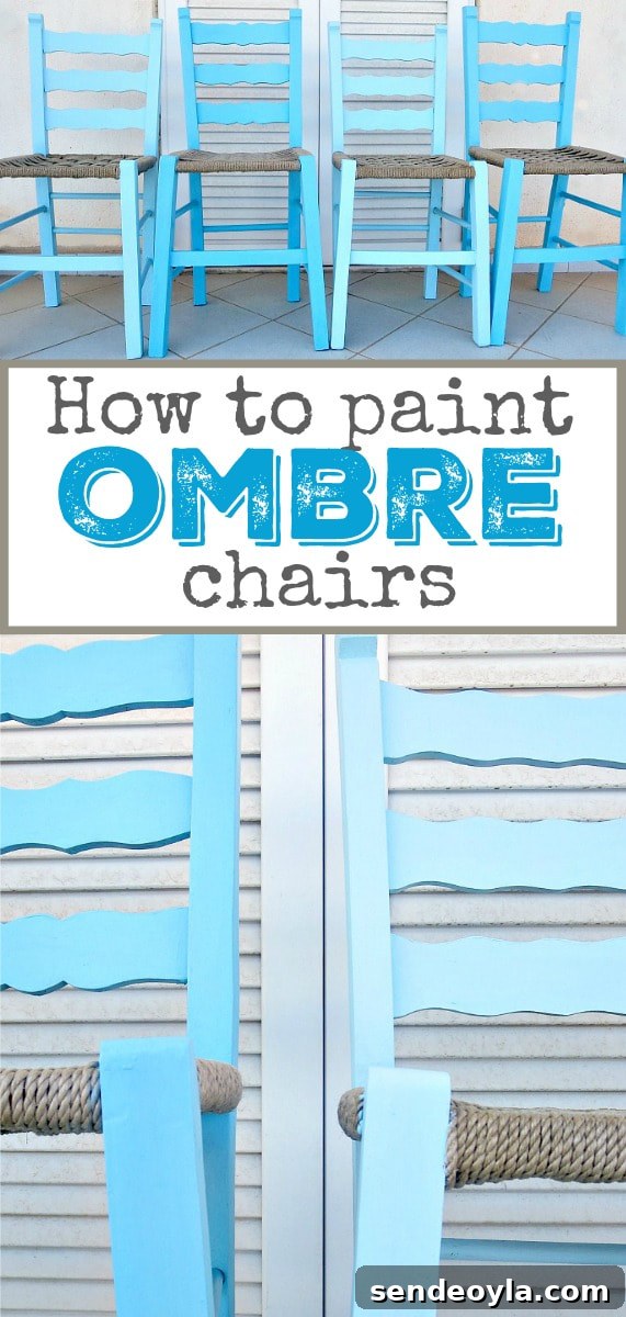 How to Paint Wooden Chairs in 3 Quick Steps 15 Chairs painted in shades of blue with chalky type paint, to make them ombre happy, #ombreeffect #paintedombre #furnituremakeover #upcycle #chalkyfinishpaint #paintedchairs #bluechairs #DIYproject The tale of the Happy Chairs