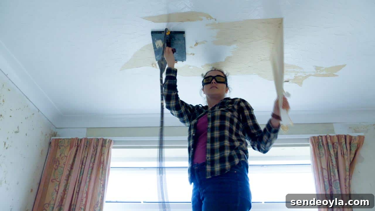 How to Use a Wallpaper Stripper to Remove Old Wallpaper 14 pulling textured wallpaper off a ceiling
