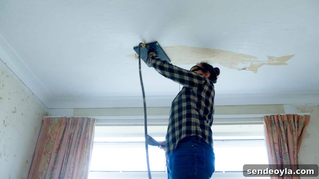 How to Use a Wallpaper Stripper to Remove Old Wallpaper 4 using stepladders to remove tetured wallpaper from a ceiling