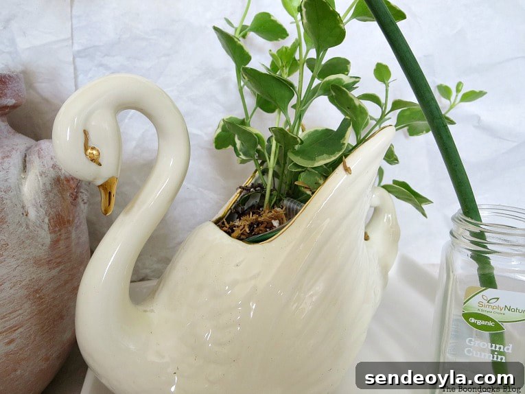 Upcycled Beach Vignette Ideas for Coastal Decor 13 old swan planter, Using Pebbles to Inspire My Love of the Beach www.theboondocksblog.com