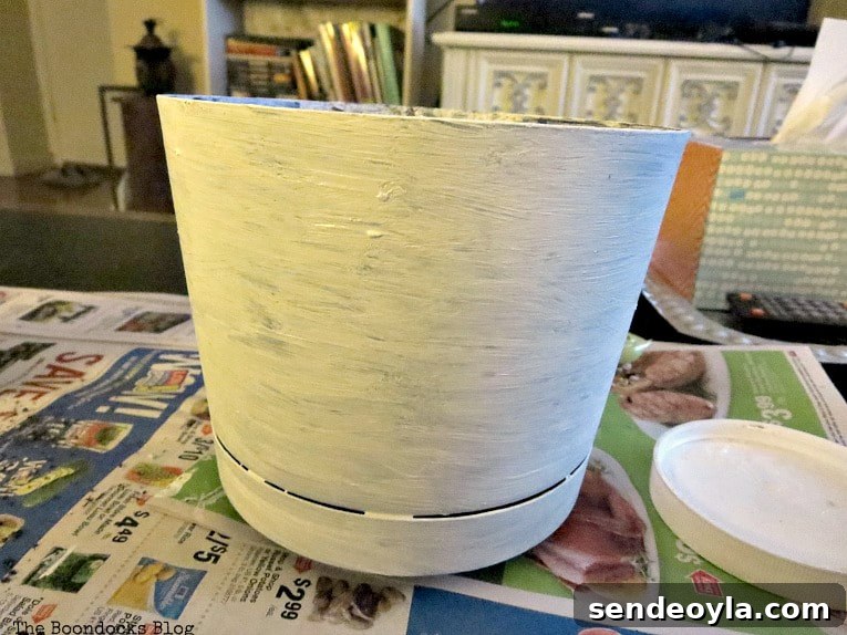 Upcycled Beach Vignette Ideas for Coastal Decor 9 Painting the planter with chalky finish paint, Using Pebbles to Inspire My Love of the Beach www.theboondocksblog.com