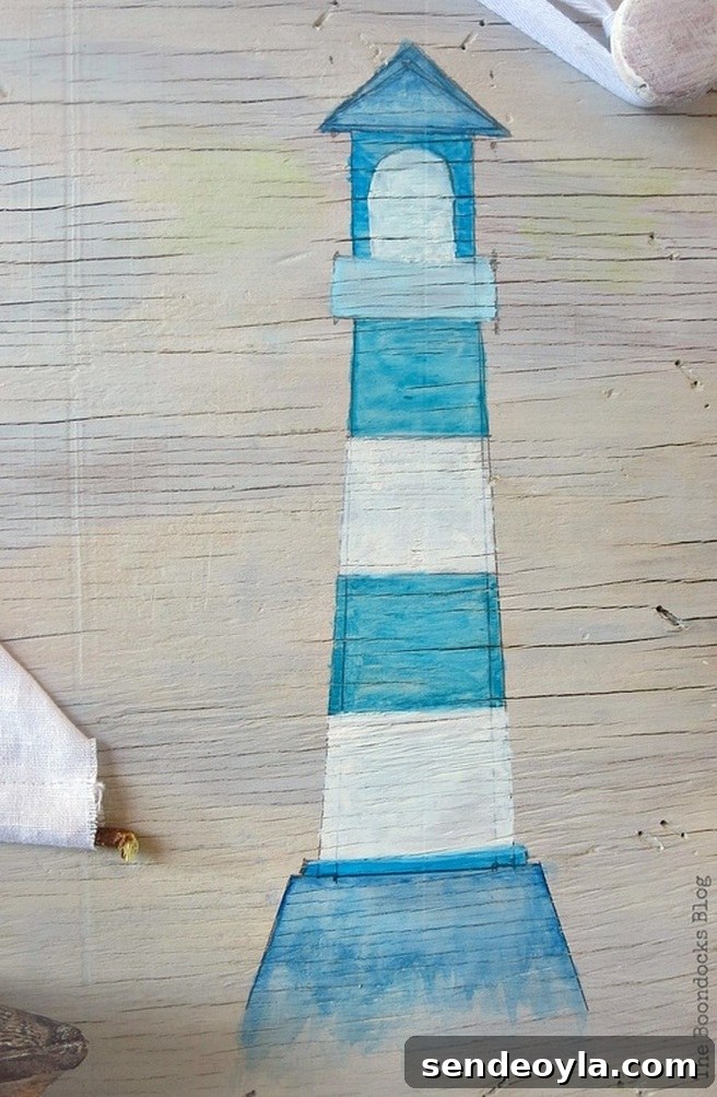 Coastal Wall Art Made from Repurposed Beach Finds 18 Handmade lighthouse detail in repurposed beach art