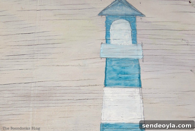 Coastal Wall Art Made from Repurposed Beach Finds 8 Watercolor lighthouse painted by a child