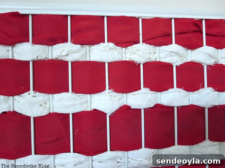 DIY Patriotic Fabric Scrap Projects for Fourth of July 11 Close up of red and white strips, How to Make Easy Patriotic Art with Fabric Scraps www.theboondocksblog.com