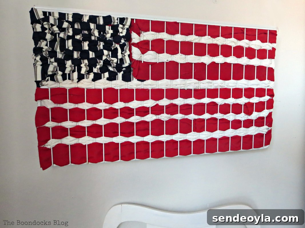 DIY Patriotic Fabric Scrap Projects for Fourth of July 12 Finished patriotic art of American Flag made with fabric scraps, #Art #PatrioticArt #PopArt #Fabriccraft #repurposing How to Make Easy Patriotic Art with Fabric Scraps www.theboondocksblog.com