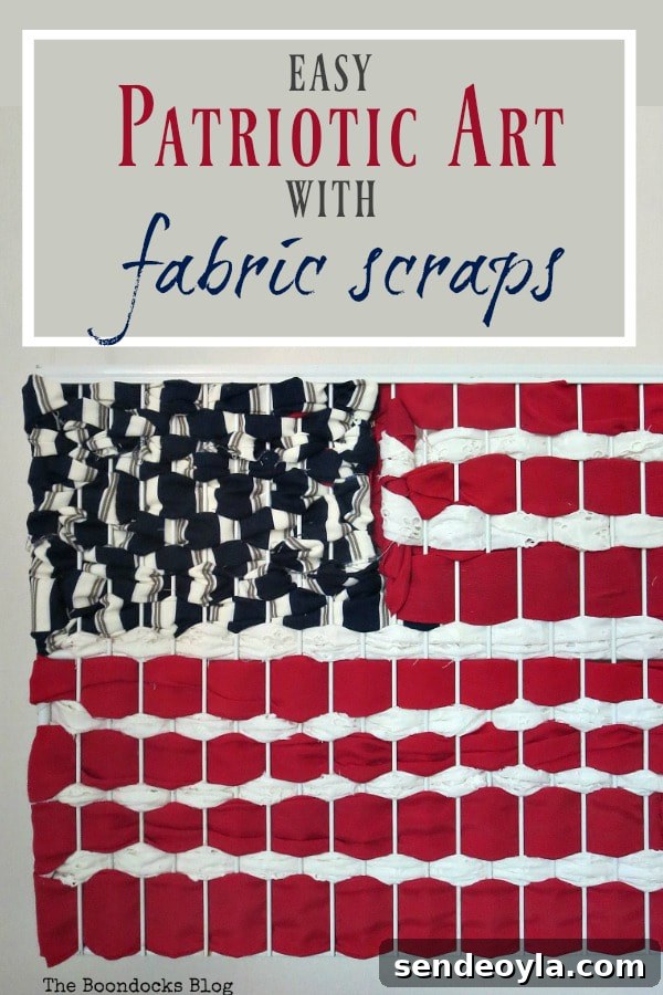 DIY Patriotic Fabric Scrap Projects for Fourth of July 14 Finished patriotic art of American Flag made with fabric scraps, #Art #PatrioticArt #PopArt #Fabriccraft #repurposing How to Make Easy Patriotic Art with Fabric Scraps www.theboondocksblog.com