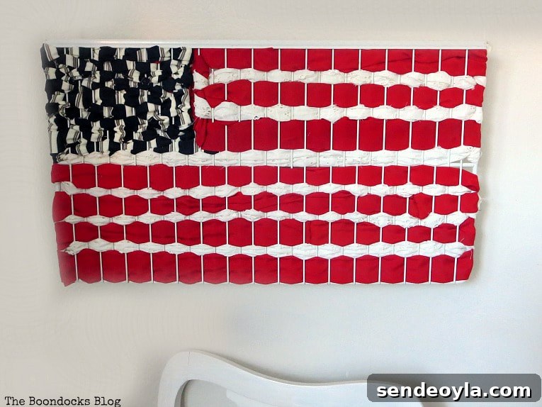 DIY Patriotic Fabric Scrap Projects for Fourth of July 9 The finished flag with blue portion done, How to Make Easy Patriotic Art with Fabric Scraps www.theboondocksblog.com
