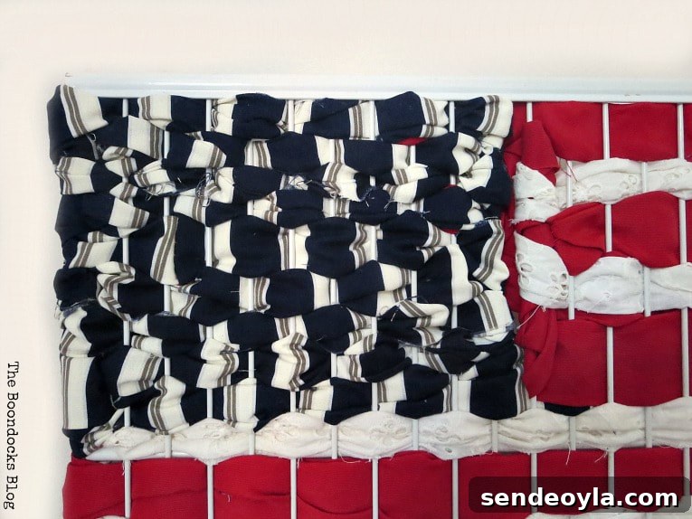DIY Patriotic Fabric Scrap Projects for Fourth of July 10 Blue striped fabric looking like the fifty stars, How to Make Easy Patriotic Art with Fabric Scraps www.theboondocksblog.com