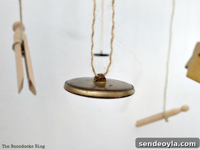 Close up of gold button hanging with twine and wooden pegs hanging with twine.