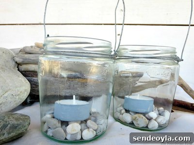 jars wrapped with wire to hold pebbles and tea lights