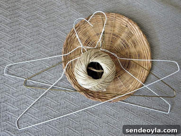 3 hangers, twine and a wicker plate charger.